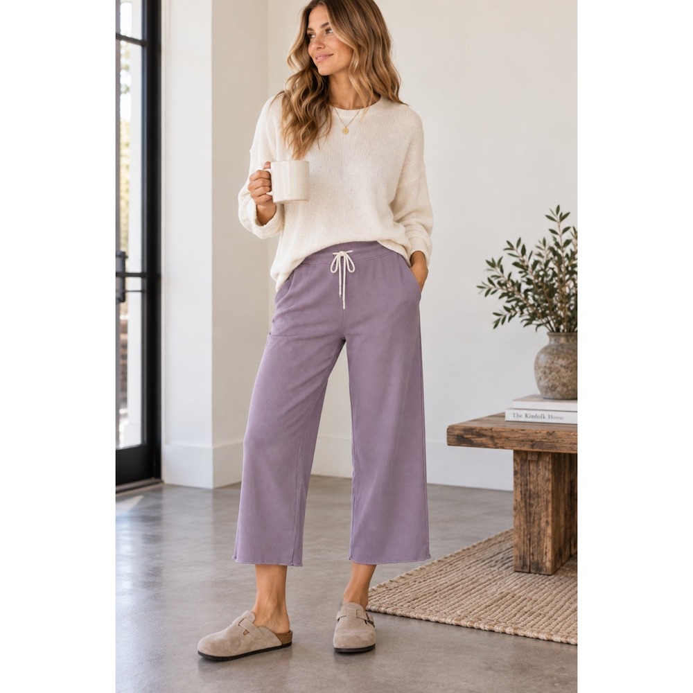 MATE the Label Organic Cotton Thermal Wide Leg Pants Mauve Purple Small